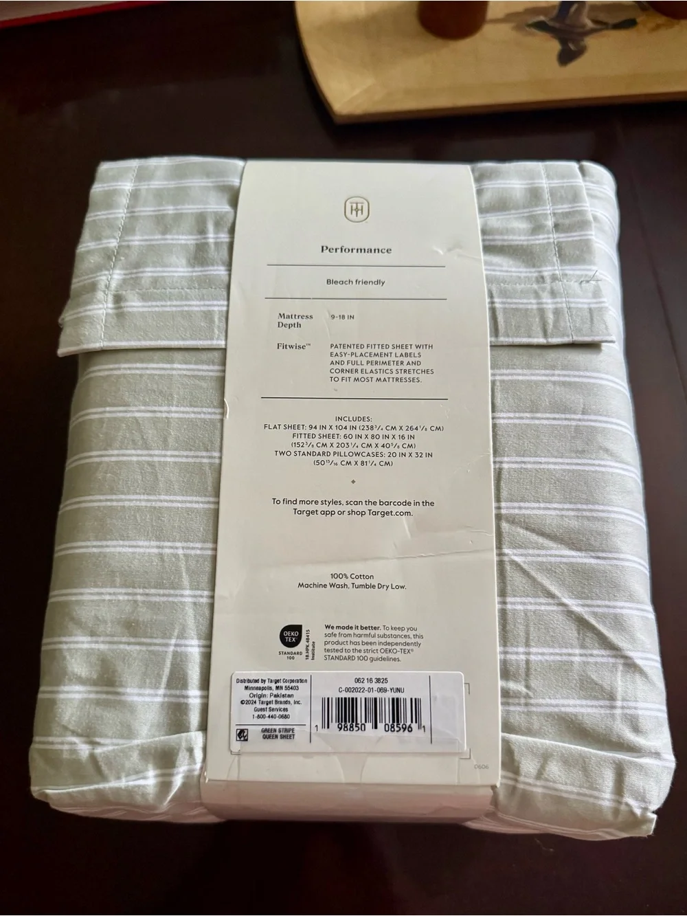 Threshold Striped Performance Sheet Set - size queen Sage and White